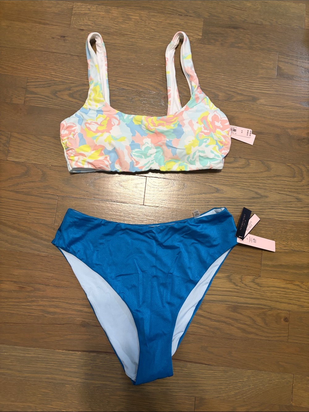 NWT Victoria's Secret Pastel Floral Bikini Top S with Bright Blue Bottoms M